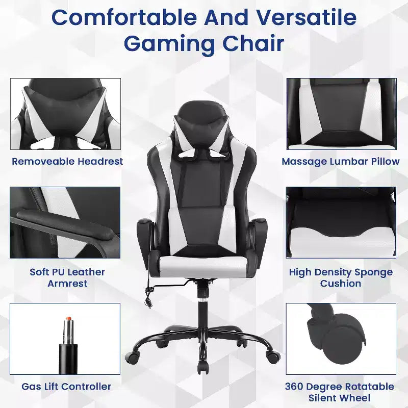 Chaise de jeu Fauteuil de bureau à dossier haut en cuir PU Chaise pivotante à roulettes