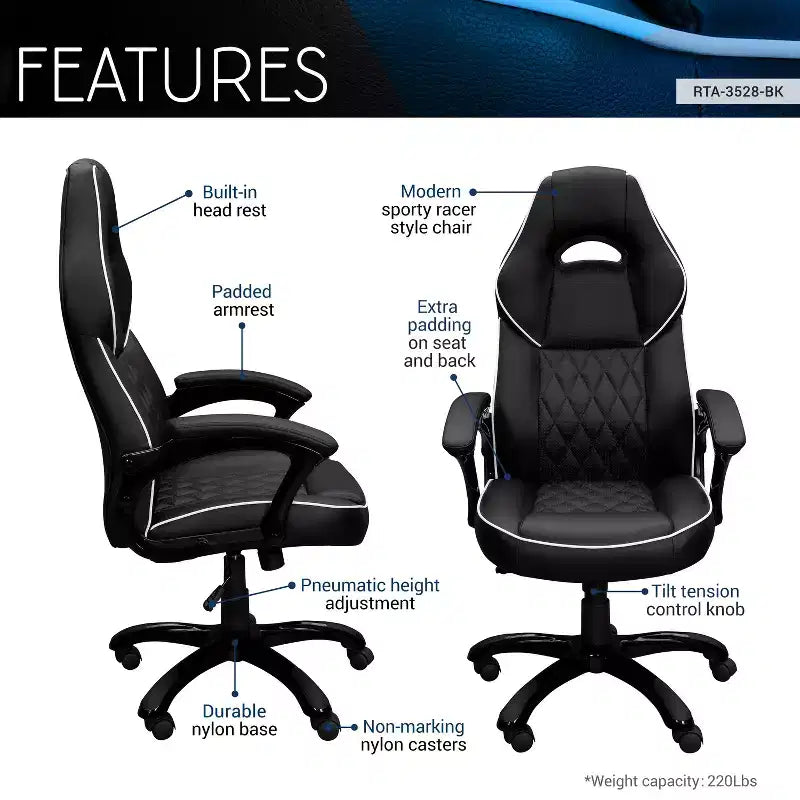 Fauteuil de bureau gaming à dossier haut avec assise et dossier rembourrés, fauteuil de direction