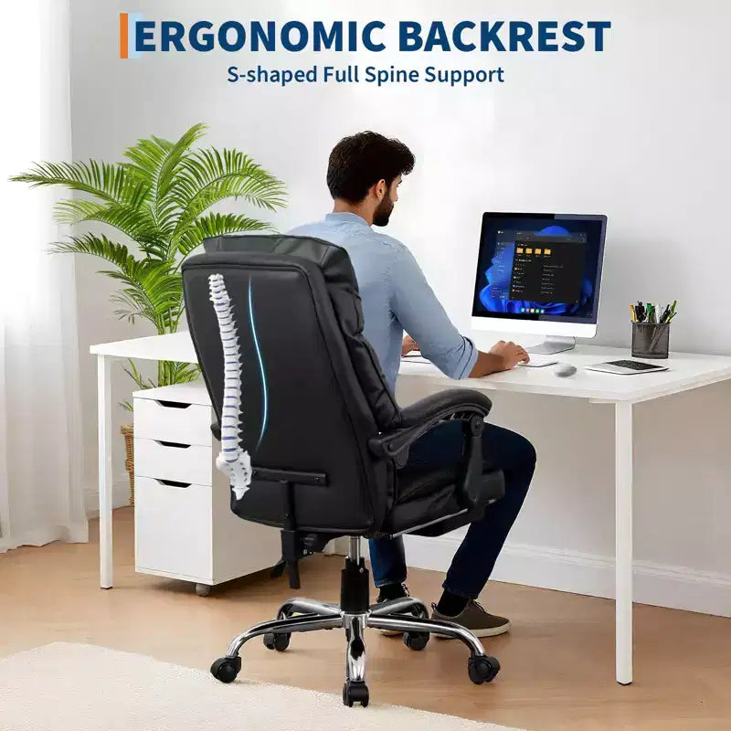 Fauteuil de bureau de direction à dossier hautChaise de bureau en cuir PU noir avec repose-pieds