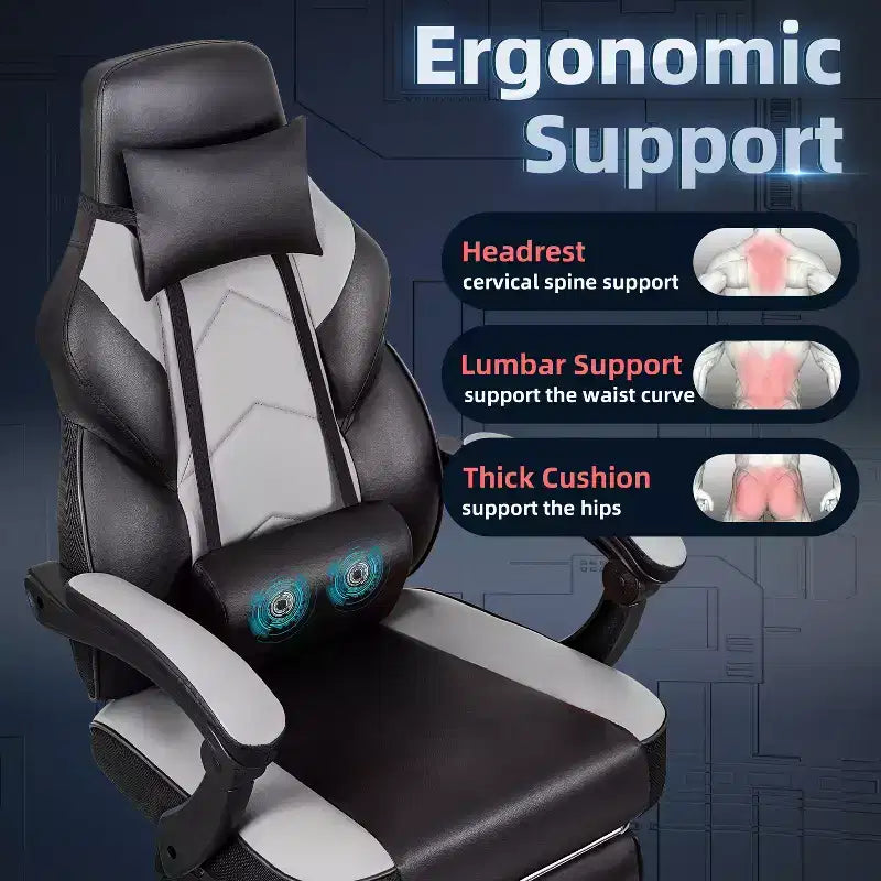 Chaises de gaming pour adultes avec repose-pieds, dossier haut et soutien lombaire massant