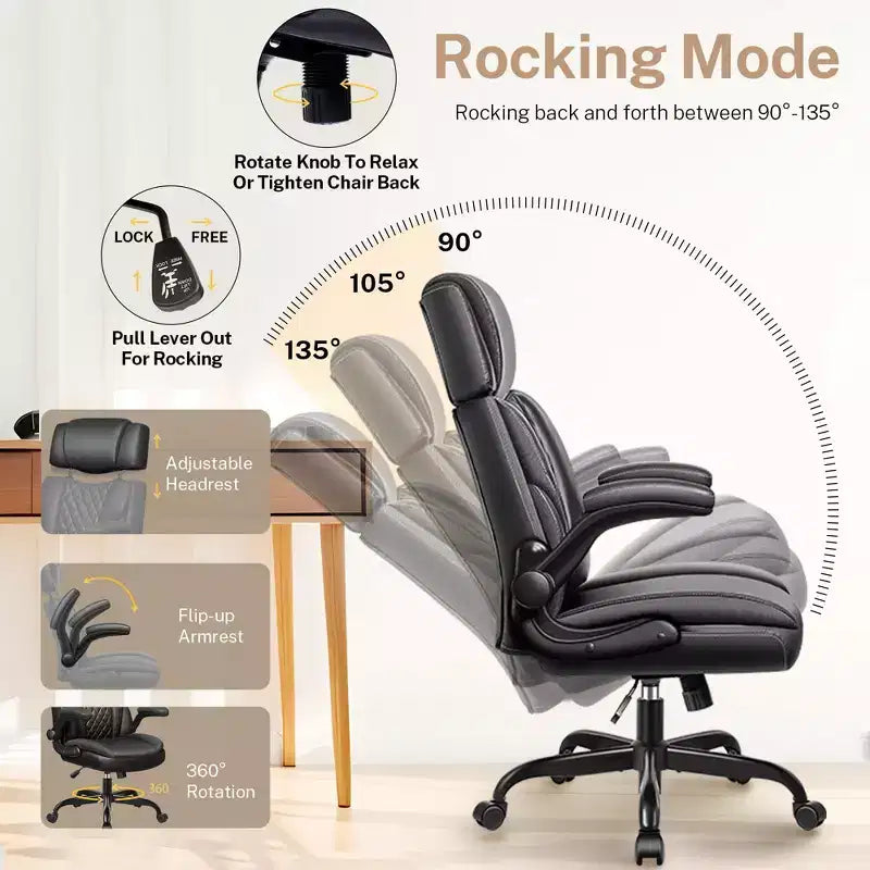 Fauteuil de bureau exécutif en cuir, fauteuil de bureau ergonomique avec support lombaire dossier haut