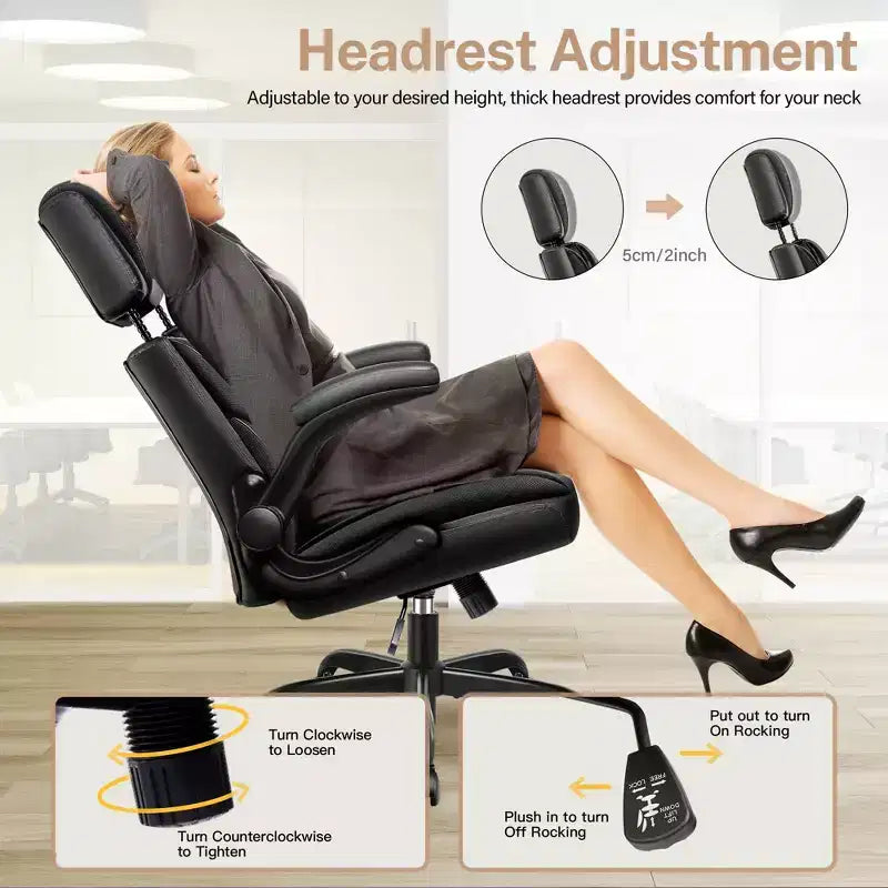 Fauteuil de bureau exécutif en cuir, fauteuil de bureau ergonomique avec support lombaire dossier haut