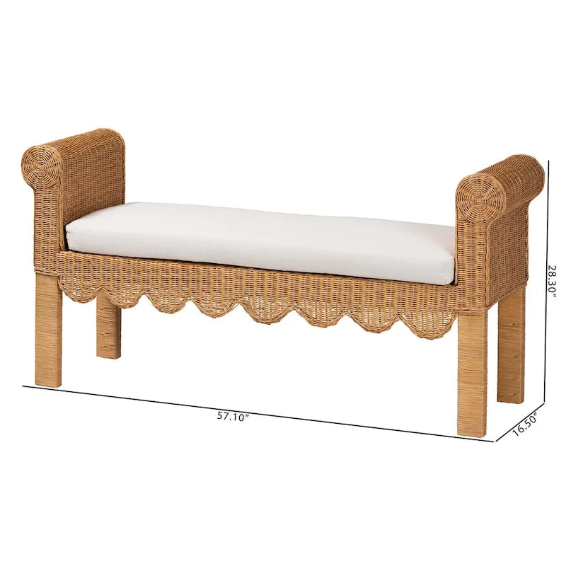 Banc en rotin naturel tissé à la main avec détails festonnés - Bohème Chic