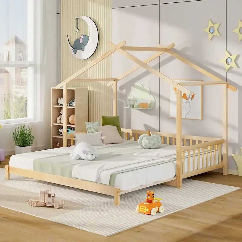 Lit de jour évolutif en bois (jumeau à grand lit) avec barrières de sécurité et décorable