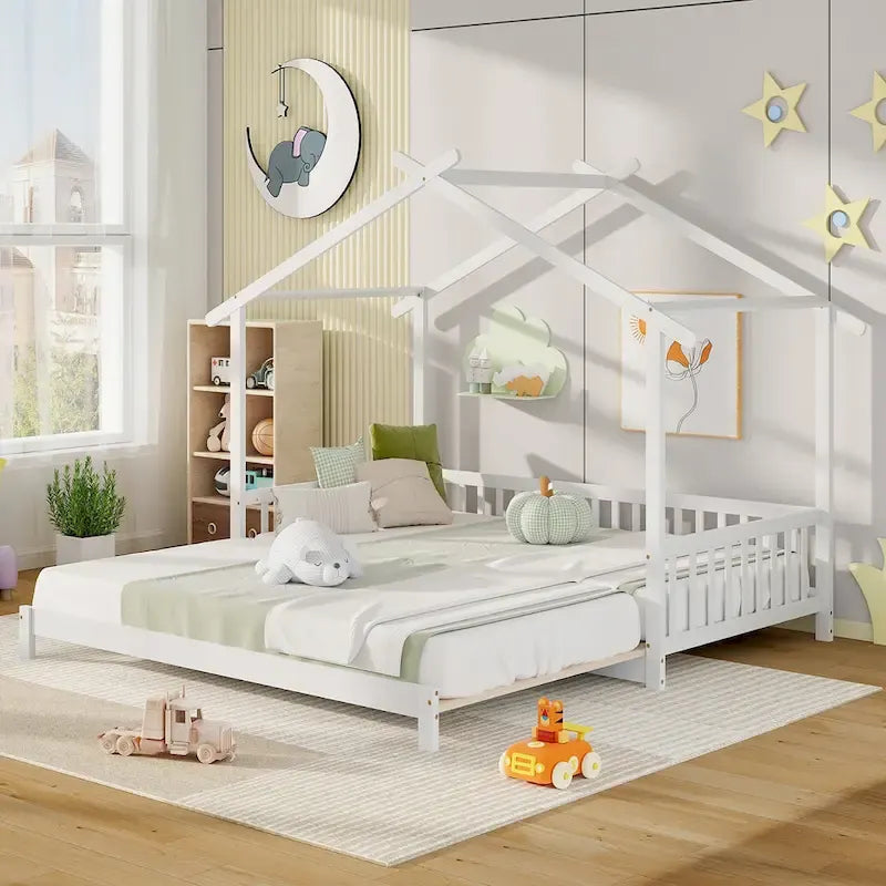 Lit de jour évolutif en bois (jumeau à grand lit) avec barrières de sécurité et décorable