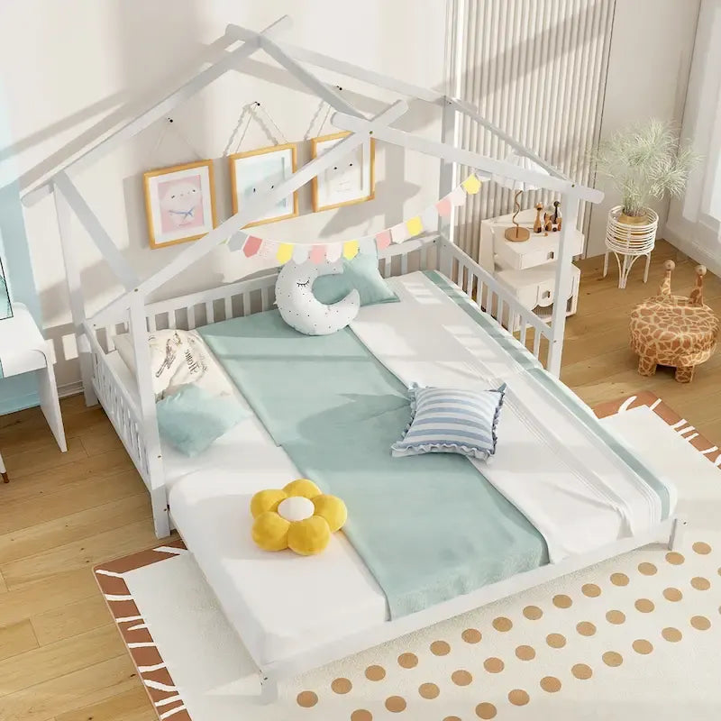 Lit de jour évolutif en bois (jumeau à grand lit) avec barrières de sécurité et décorable