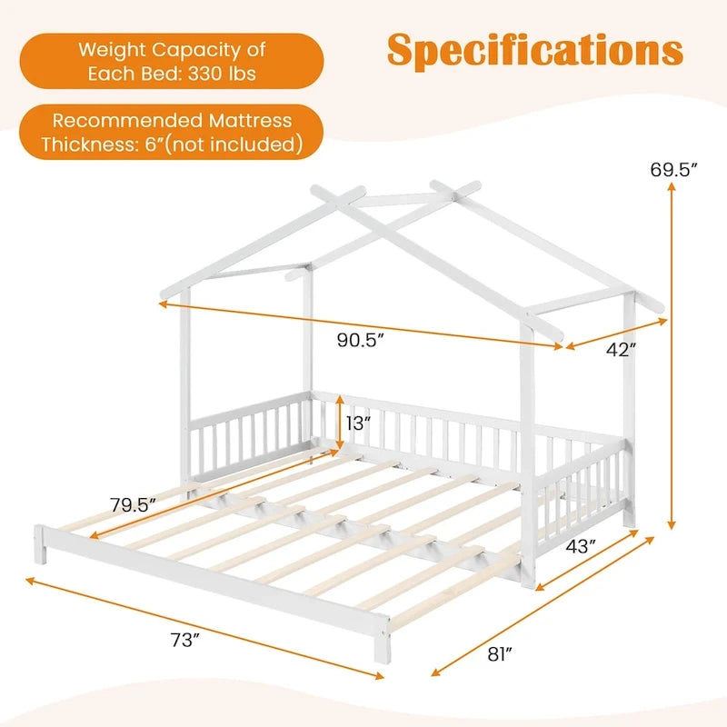 Lit de jour évolutif en bois (jumeau à grand lit) avec barrières de sécurité et décorable
