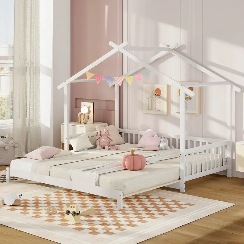 Lit de jour évolutif en bois (jumeau à grand lit) avec barrières de sécurité et décorable