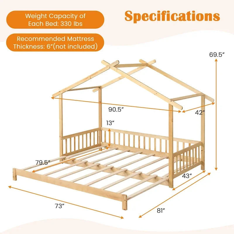 Lit de jour évolutif en bois (jumeau à grand lit) avec barrières de sécurité et décorable