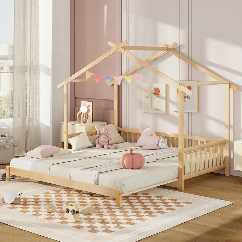 Lit de jour évolutif en bois (jumeau à grand lit) avec barrières de sécurité et décorable