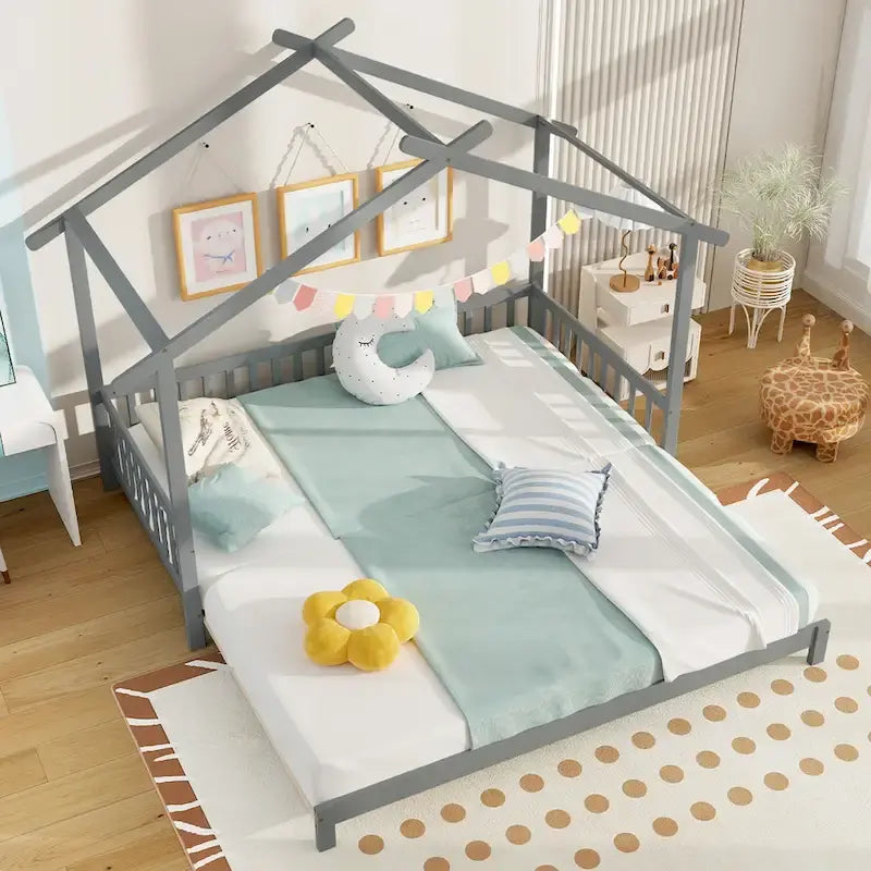 Lit de jour évolutif en bois (jumeau à grand lit) avec barrières de sécurité et décorable