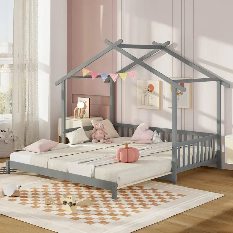 Lit de jour évolutif en bois (jumeau à grand lit) avec barrières de sécurité et décorable