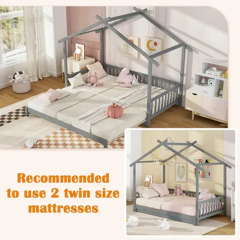 Lit de jour évolutif en bois (jumeau à grand lit) avec barrières de sécurité et décorable