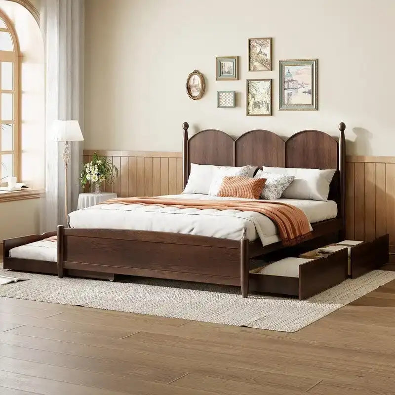 Lit plate-forme avec tête de lit vintage, cadre de lit multifonctionnel avec rangement