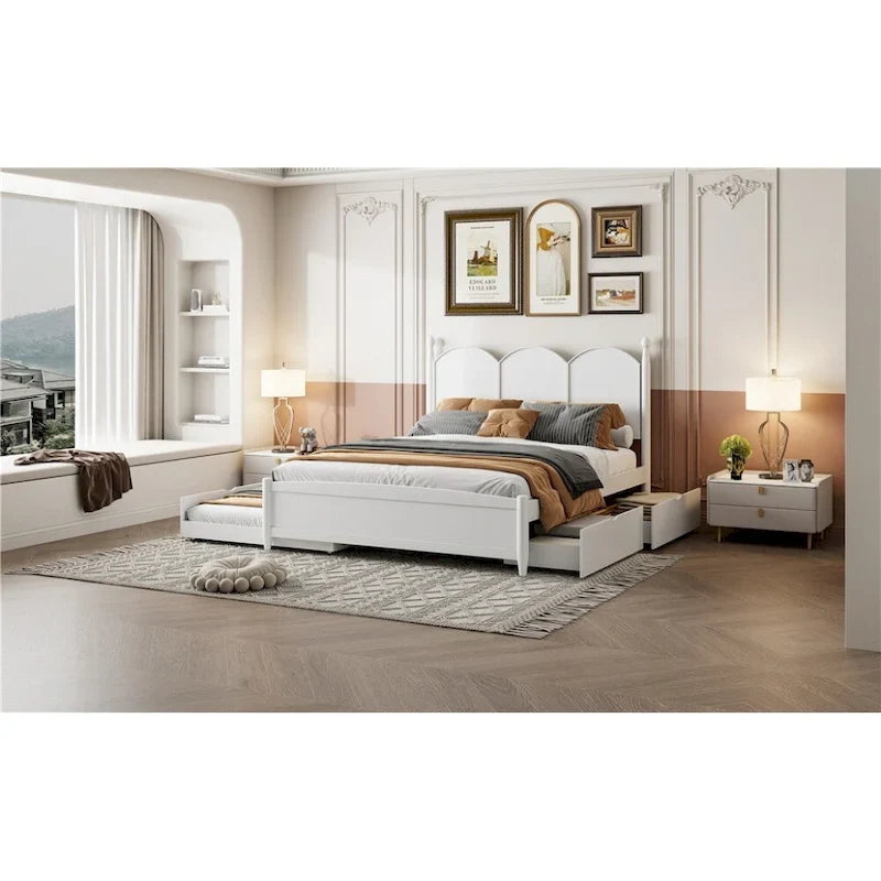 Lit plate-forme avec tête de lit vintage, cadre de lit multifonctionnel avec rangement