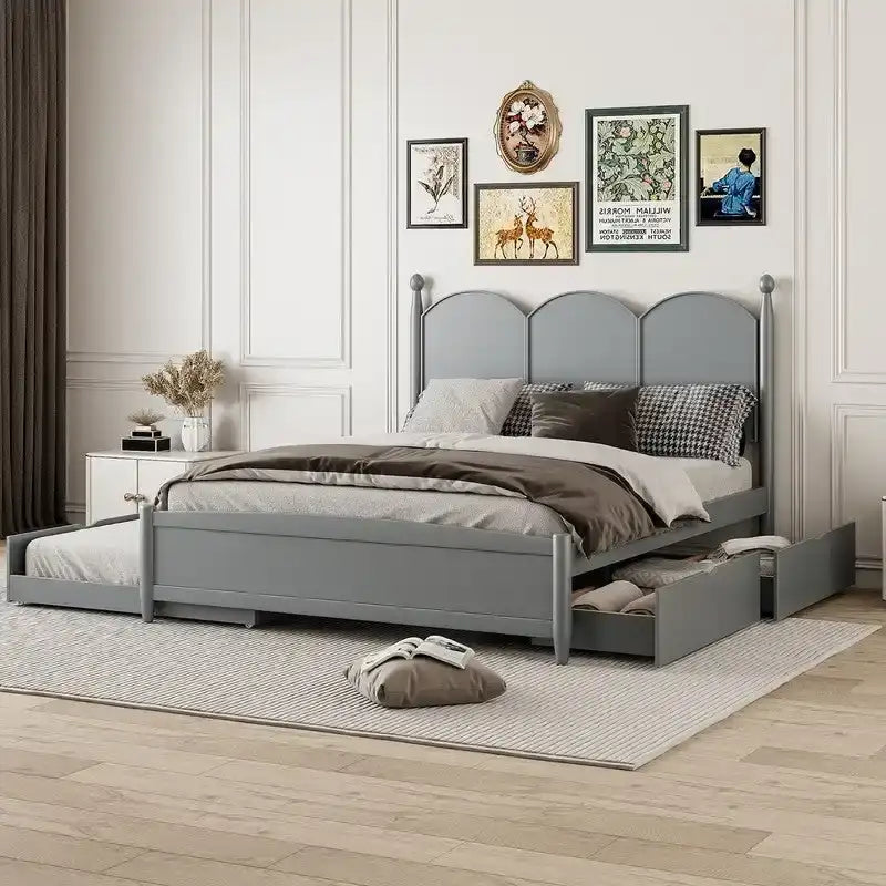 Lit plate-forme avec tête de lit vintage, cadre de lit multifonctionnel avec rangement