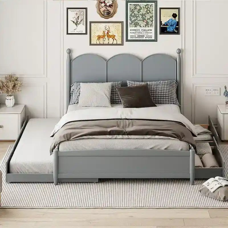Lit plate-forme avec tête de lit vintage, cadre de lit multifonctionnel avec rangement