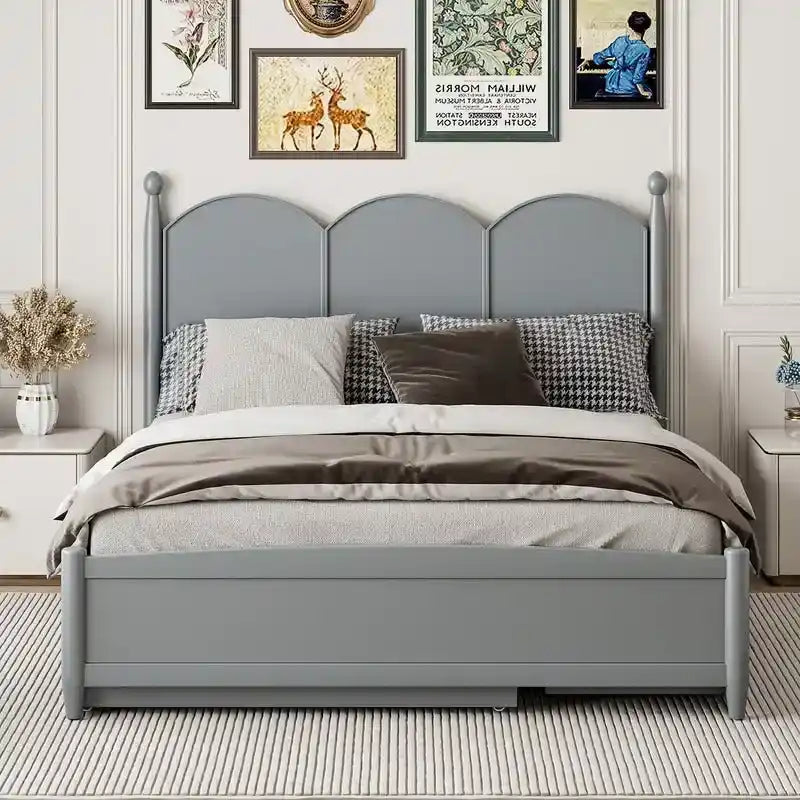 Lit plate-forme avec tête de lit vintage, cadre de lit multifonctionnel avec rangement