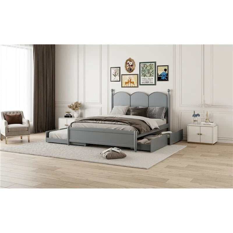 Lit plate-forme avec tête de lit vintage, cadre de lit multifonctionnel avec rangement