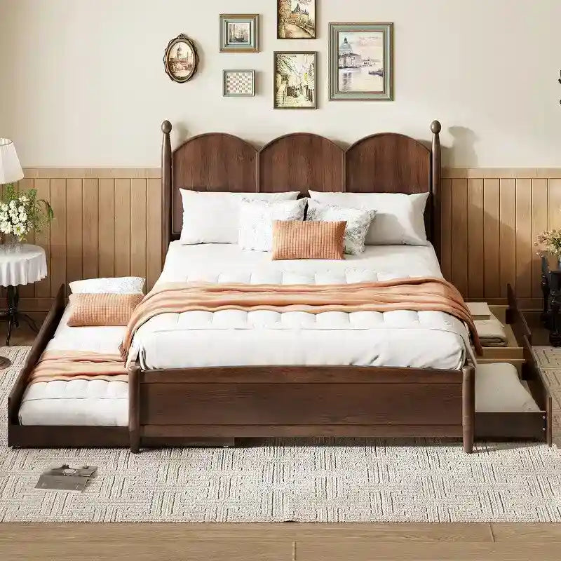 Lit plate-forme avec tête de lit vintage, cadre de lit multifonctionnel avec rangement