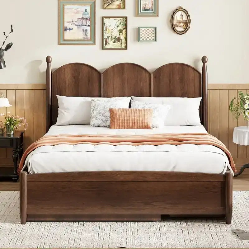 Lit plate-forme avec tête de lit vintage, cadre de lit multifonctionnel avec rangement