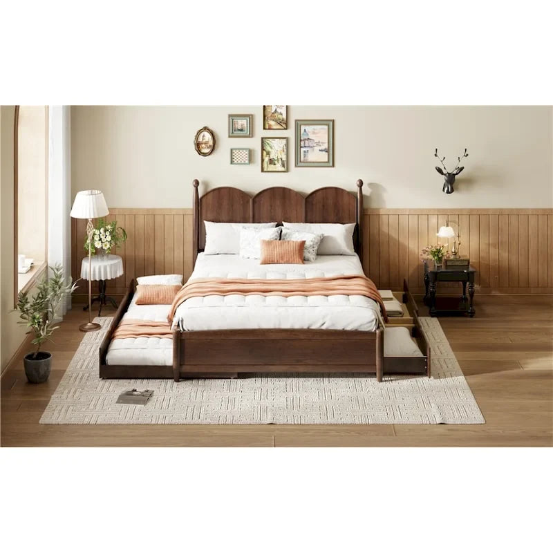 Lit plate-forme avec tête de lit vintage, cadre de lit multifonctionnel avec rangement