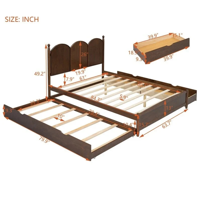 Lit plate-forme avec tête de lit vintage, cadre de lit multifonctionnel avec rangement