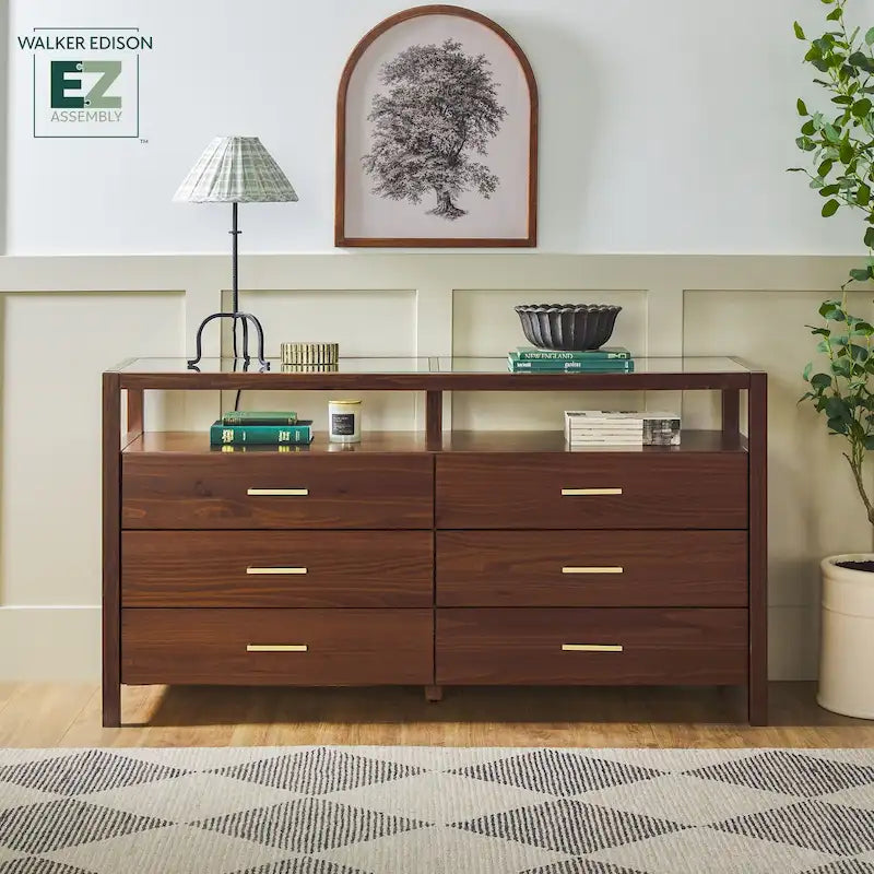 Commode en bois massif avec plateau en verre trempé