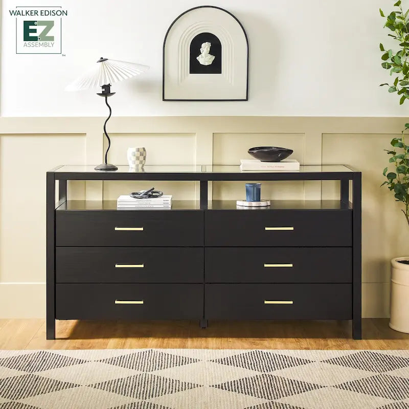 Commode en bois massif avec plateau en verre trempé