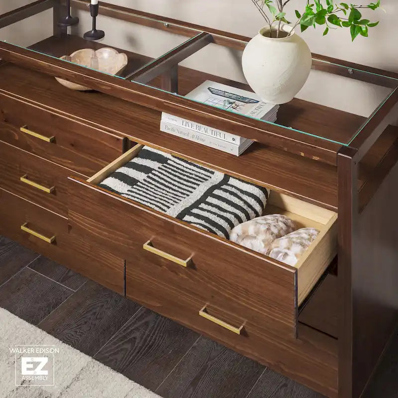 Commode en bois massif avec plateau en verre trempé