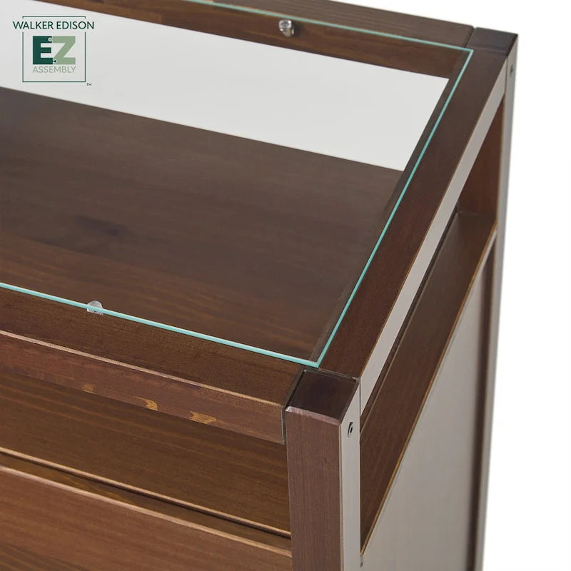 Commode en bois massif avec plateau en verre trempé