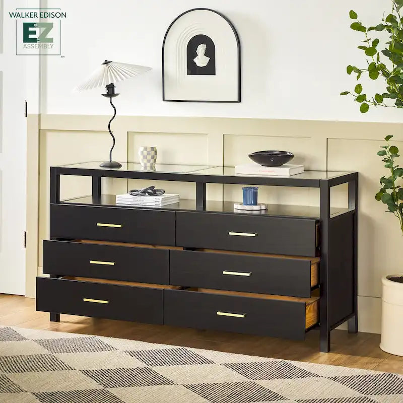 Commode en bois massif avec plateau en verre trempé