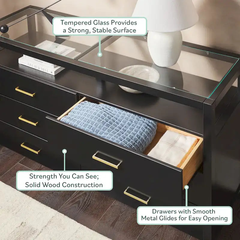 Commode en bois massif avec plateau en verre trempé