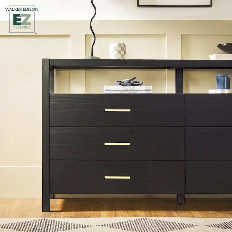Commode en bois massif avec plateau en verre trempé