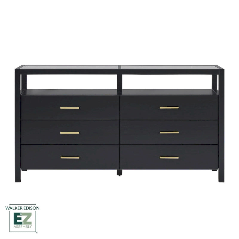 Commode en bois massif avec plateau en verre trempé