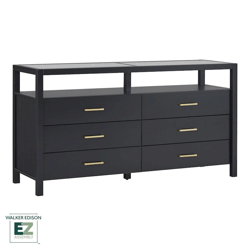 Commode en bois massif avec plateau en verre trempé