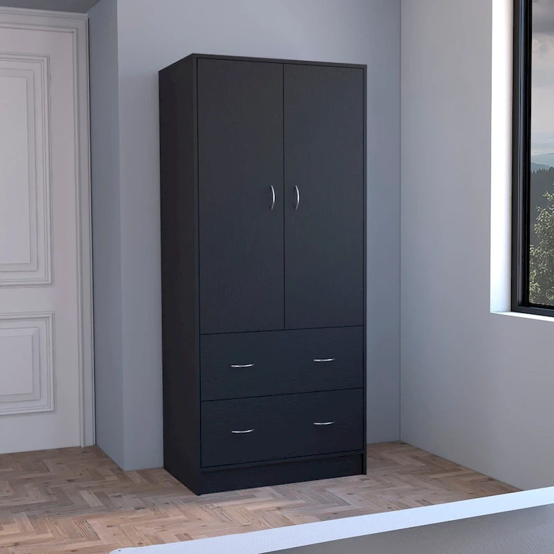 Armoire double porte moderne avec deux tiroirs et une tringle à vêtements