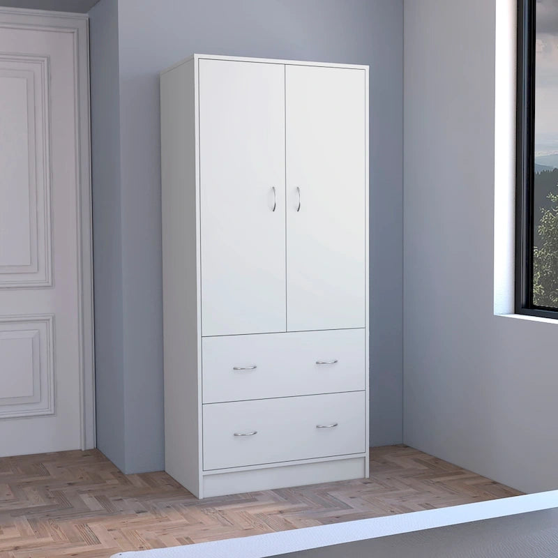 Armoire double porte moderne avec deux tiroirs et une tringle à vêtements