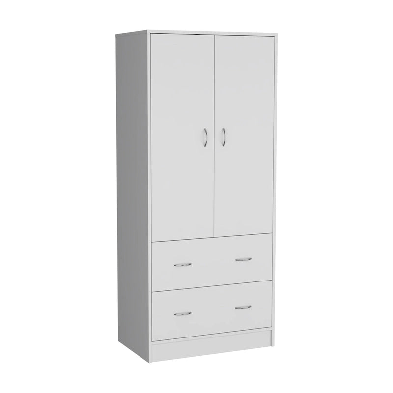 Armoire double porte moderne avec deux tiroirs et une tringle à vêtements