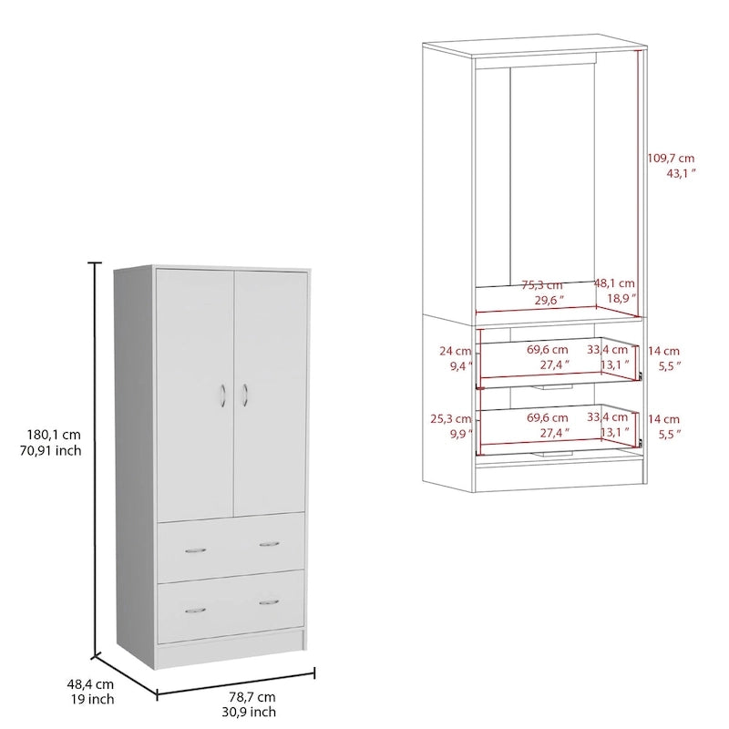 Armoire double porte moderne avec deux tiroirs et une tringle à vêtements