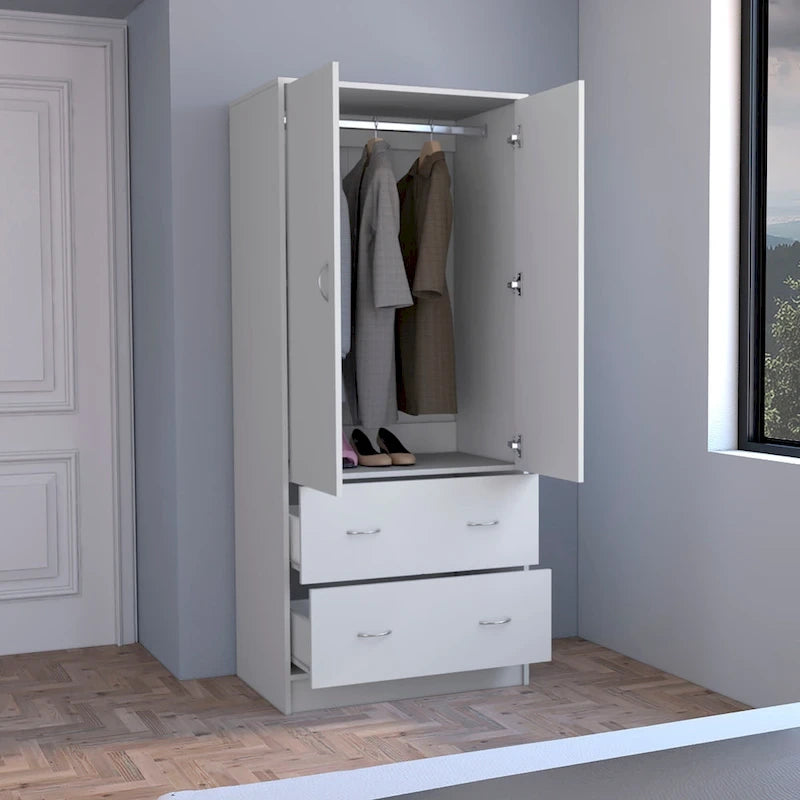 Armoire double porte moderne avec deux tiroirs et une tringle à vêtements