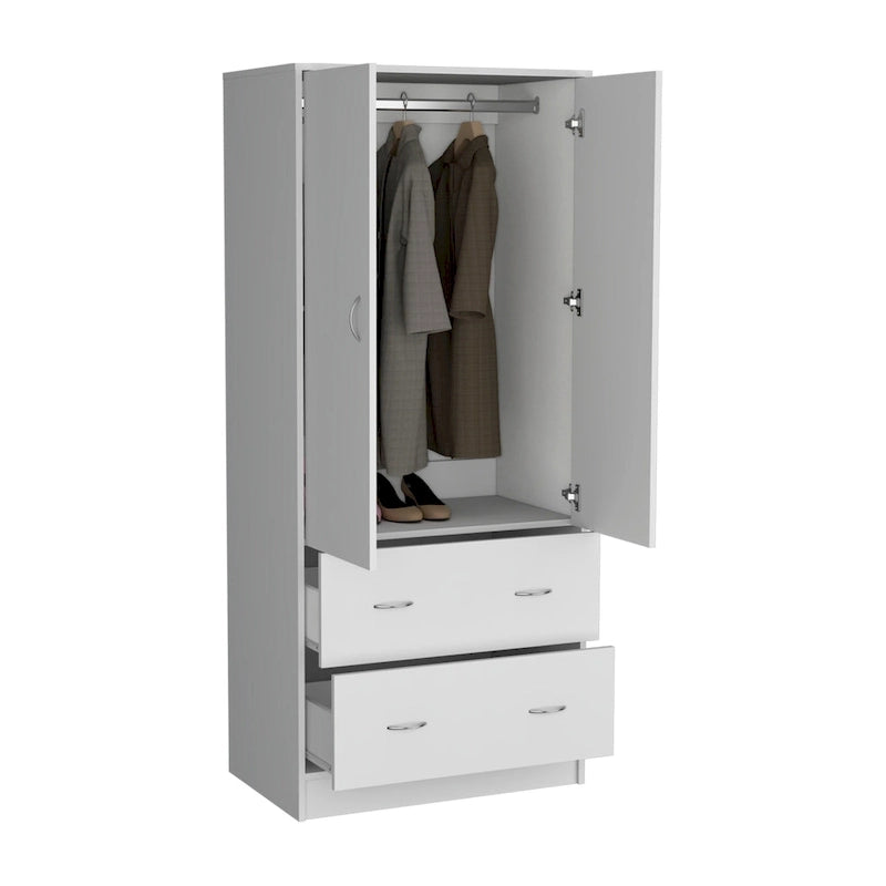 Armoire double porte moderne avec deux tiroirs et une tringle à vêtements