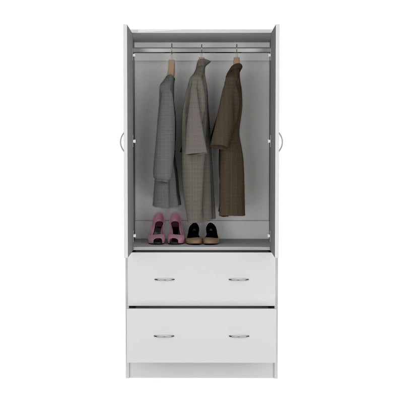 Armoire double porte moderne avec deux tiroirs et une tringle à vêtements