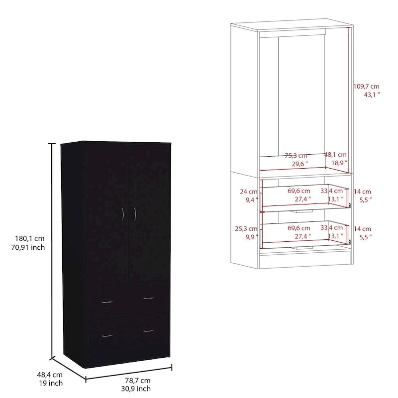 Armoire double porte moderne avec deux tiroirs et une tringle à vêtements