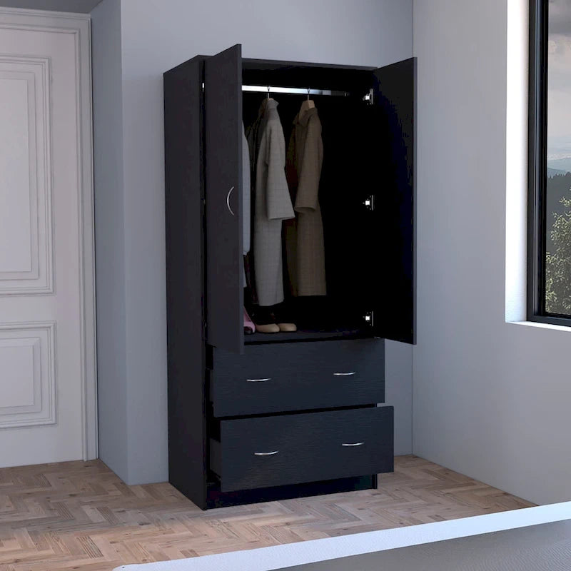 Armoire double porte moderne avec deux tiroirs et une tringle à vêtements