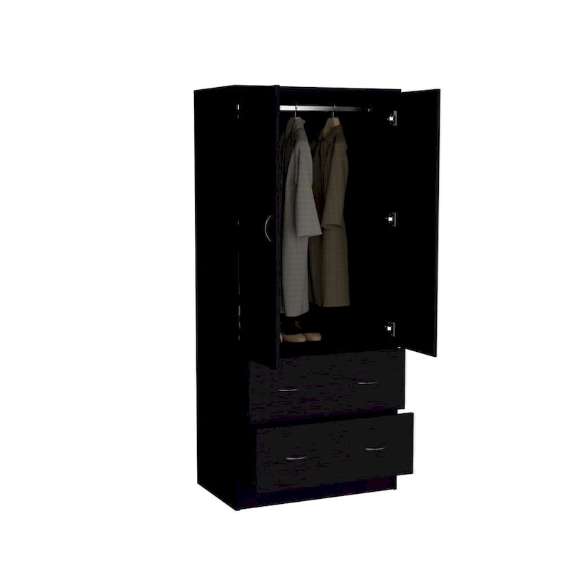 Armoire double porte moderne avec deux tiroirs et une tringle à vêtements