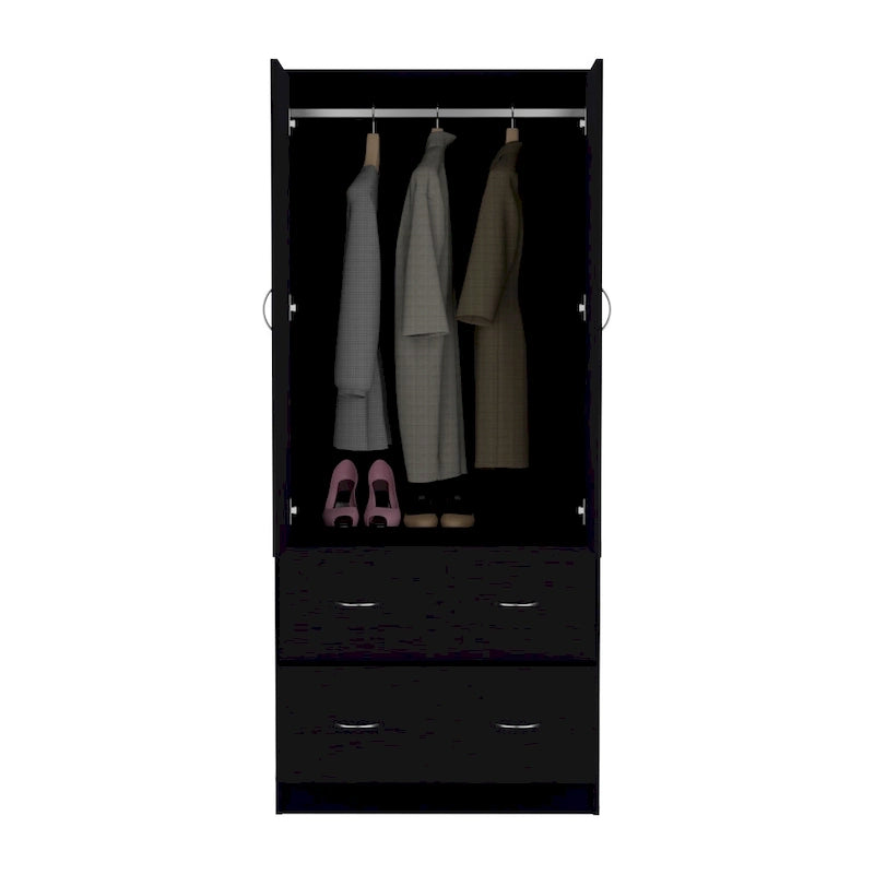 Armoire double porte moderne avec deux tiroirs et une tringle à vêtements