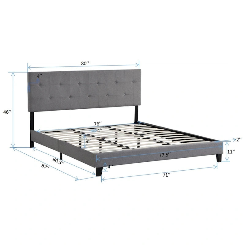 Lit plateforme King capitonné avec tête de lit en lin touffeté de boutons