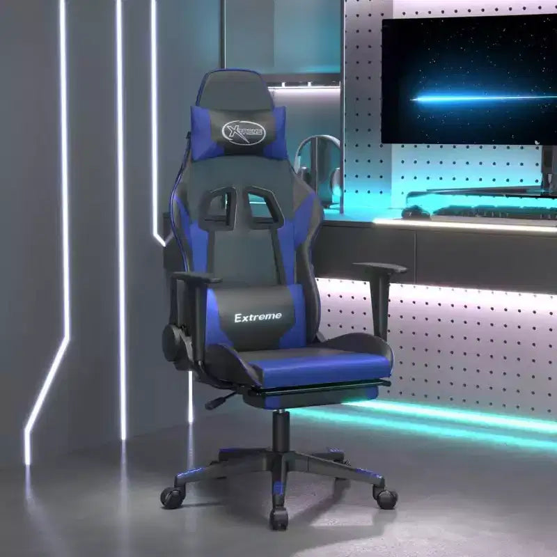 Chaise de gaming avec repose-pieds, noir et bleu, similicuir