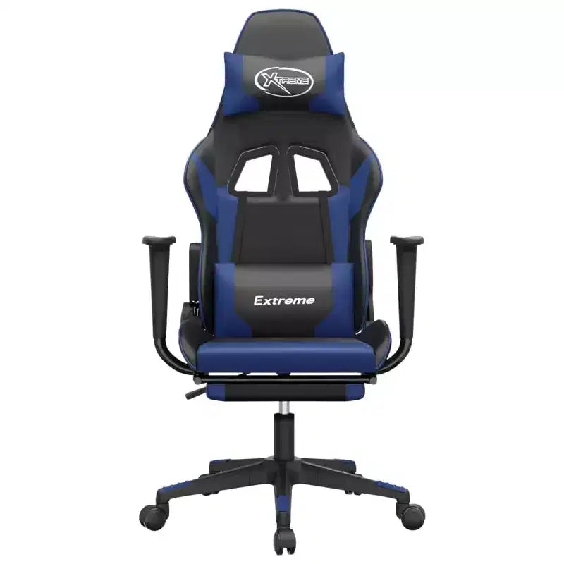Chaise de gaming avec repose-pieds, noir et bleu, similicuir
